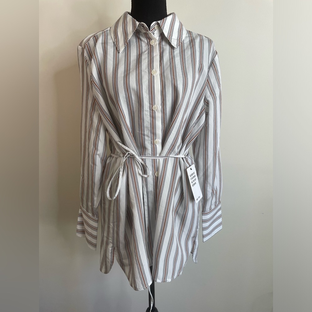 Saint + Sofia NEW Sz 10 Reagan Tie Shirt Beige Stripe Button Up Blouse Relaxed